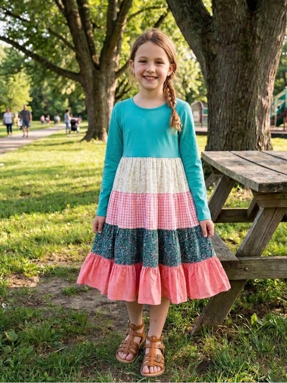 Girls Teal Long-Sleeve Tiered Patchwork Dress with Pink and Cream Panels Size 12